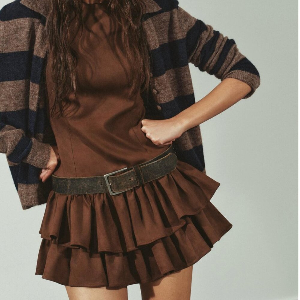Zara Ruffled Brown Suede Dress
